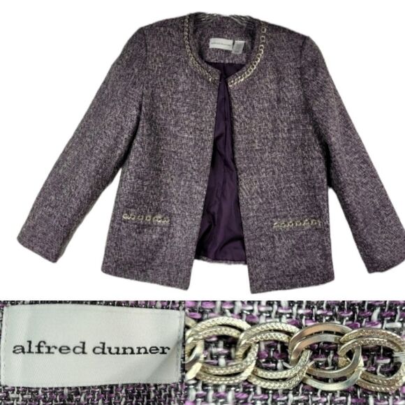 10 ALFRED DUNNER Boss Babe purple metallic chain link trim tweed blazer jacket L - Picture 1 of 8